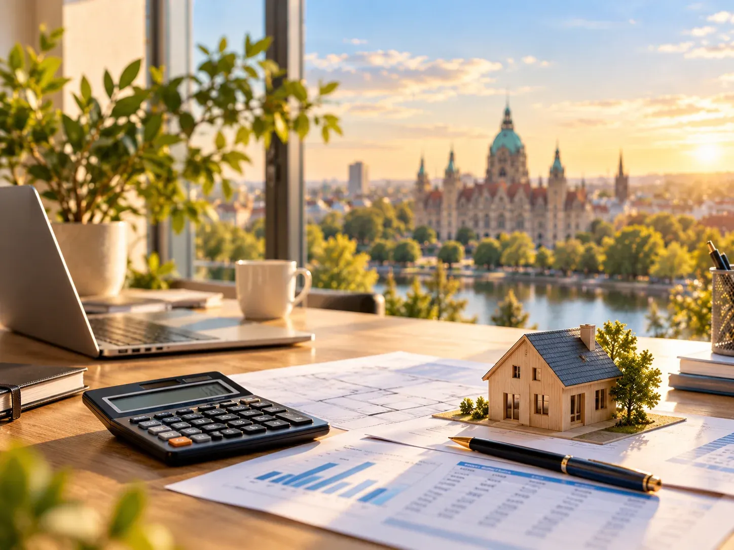 Finanzplanung am Fenster mit Stadtblick