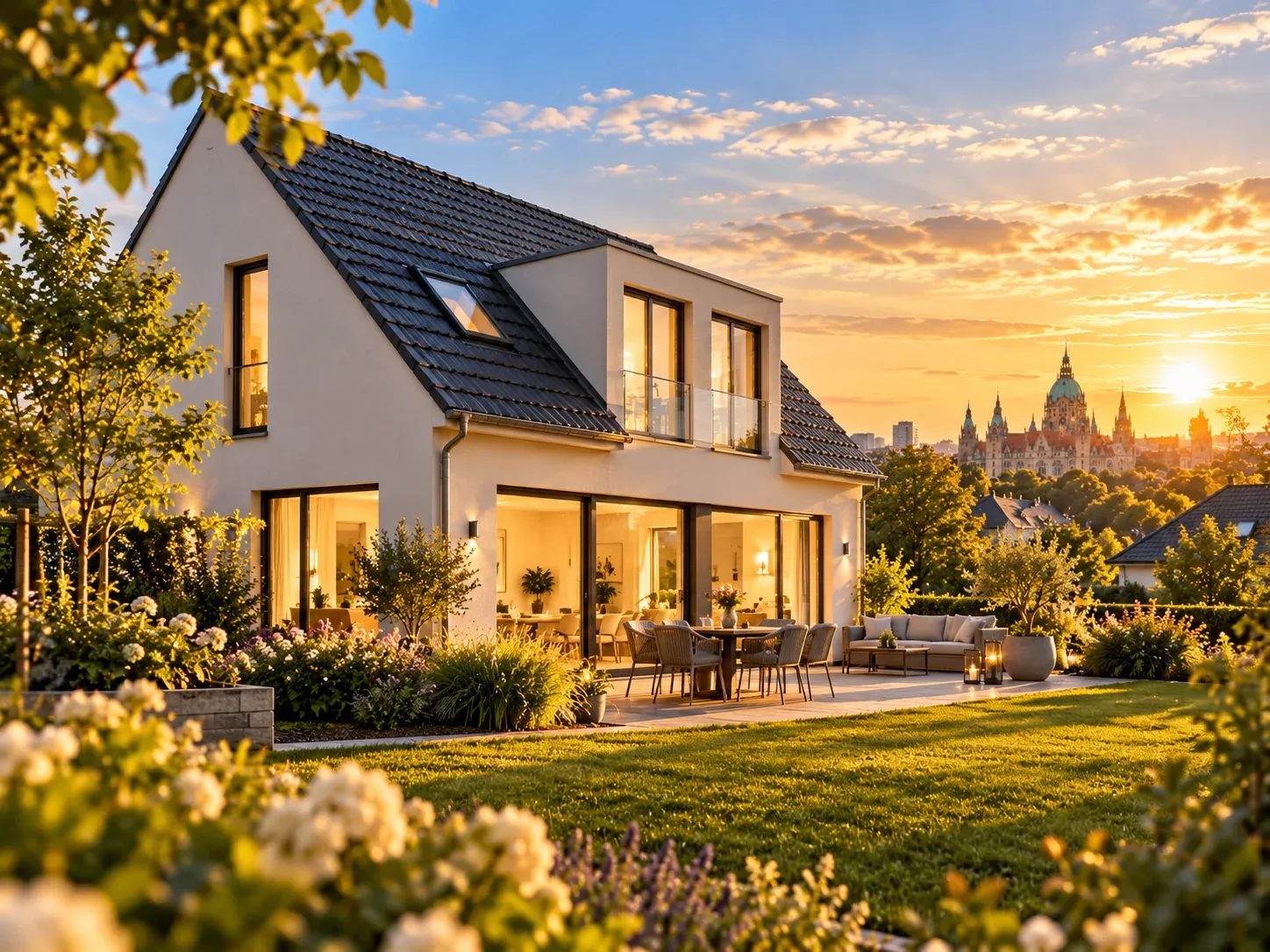 Einfamilienhaus im warmen Abendlicht